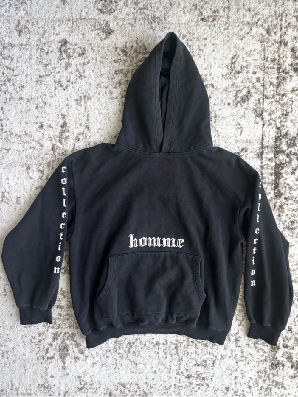 HOMME+ Men’s Gothic Font Black Hoodie With Sleeve Lettering